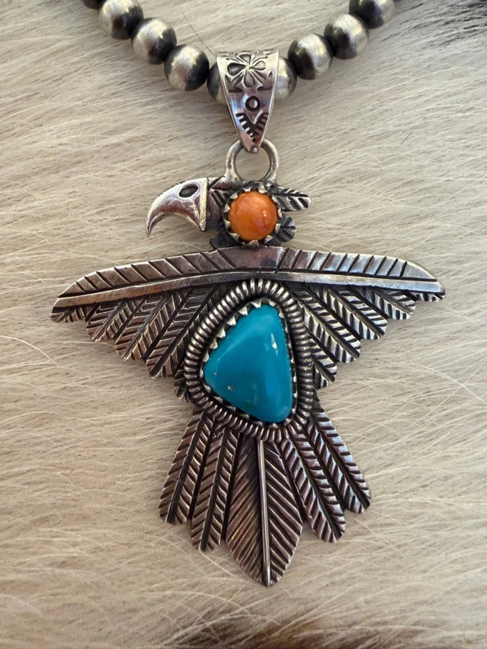 ❤️ Kingman Turquoise Spiny Oyster Thunderbird Navajo Sterling Statement Pendant